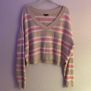 Tan, white, and salmon Striped V-neck Sweater